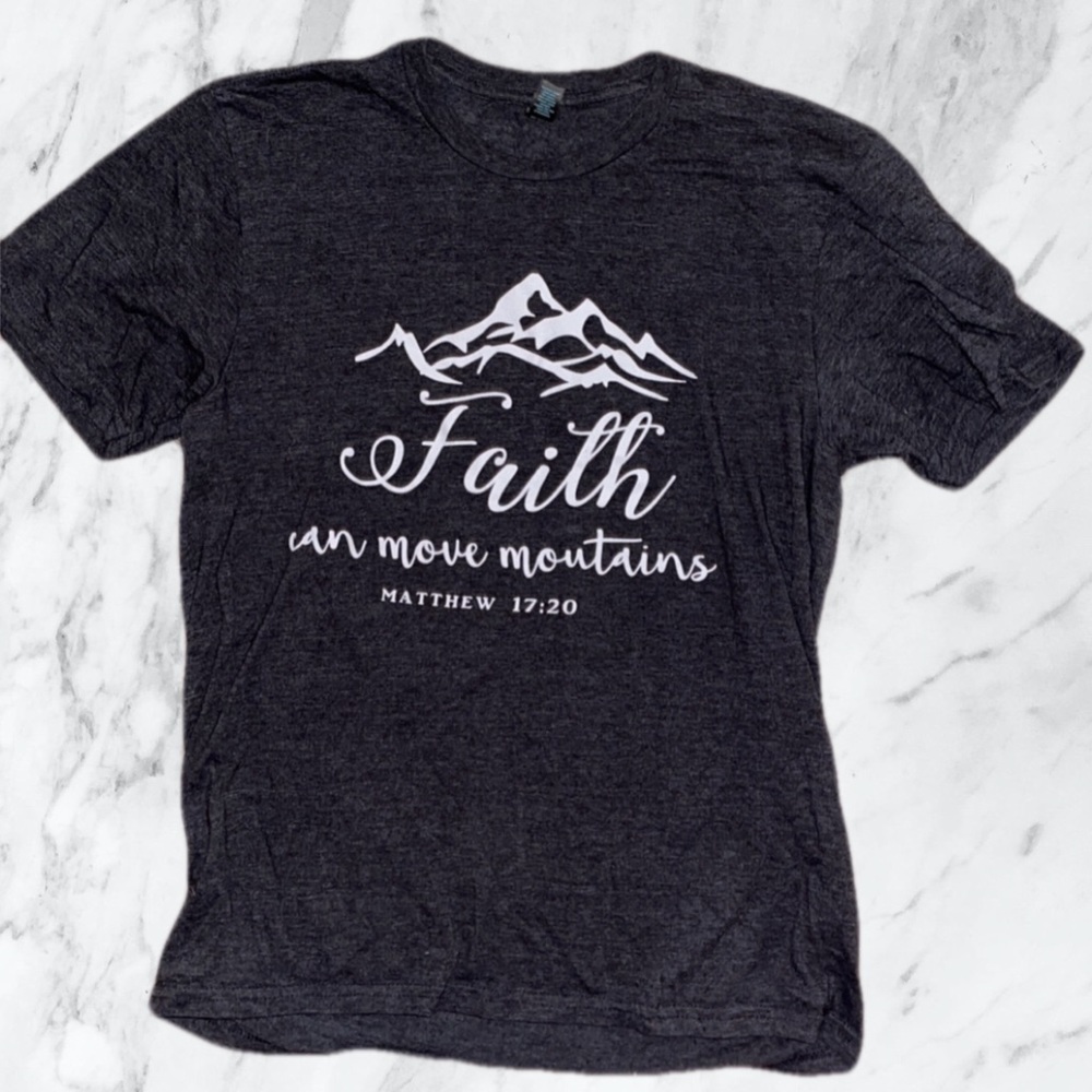 XS Matthew 17:20 faith can move mountains graphic women’s charcoal gray t-shirt